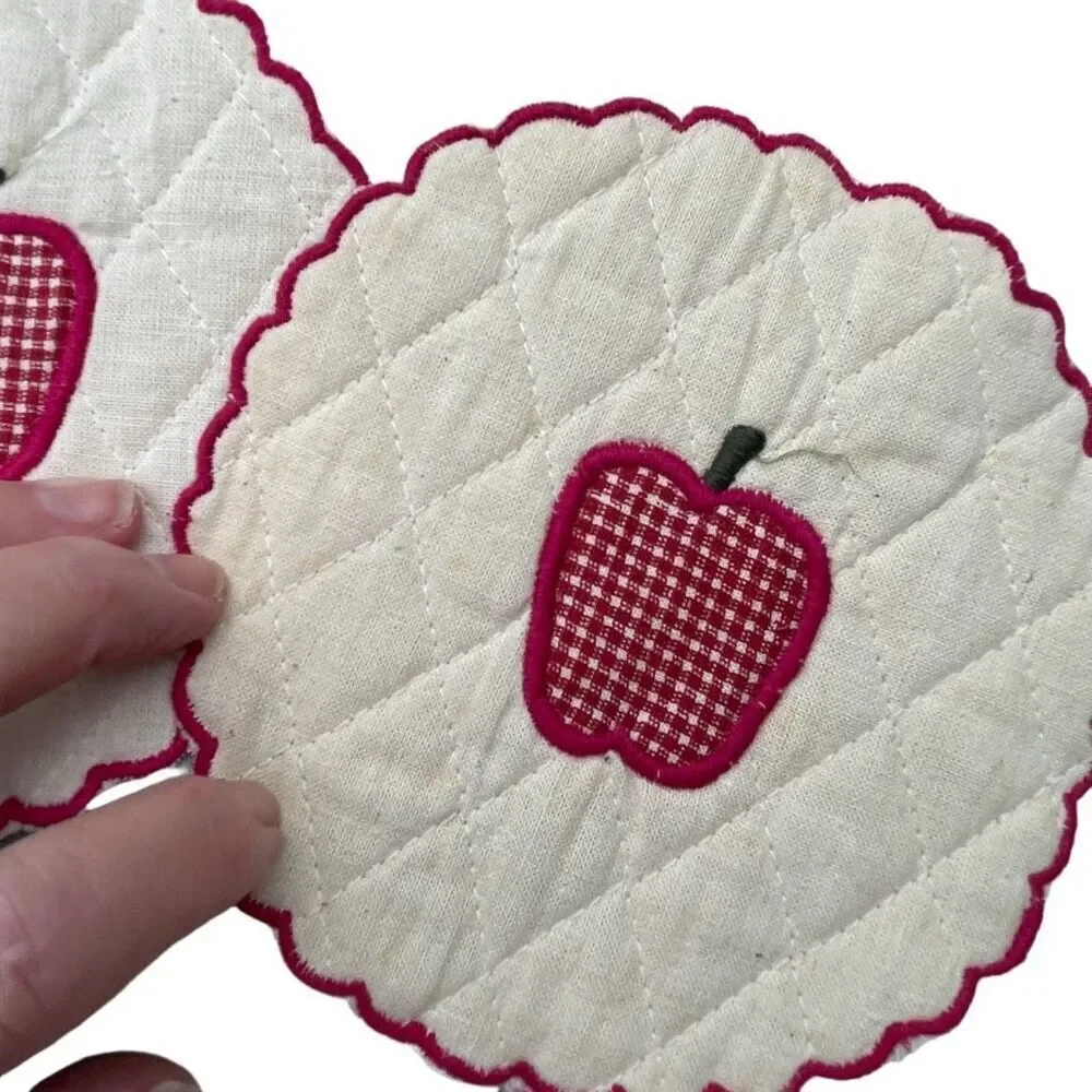 Handmade lot of 6 coasted hot pads, quilted gingham apples.
